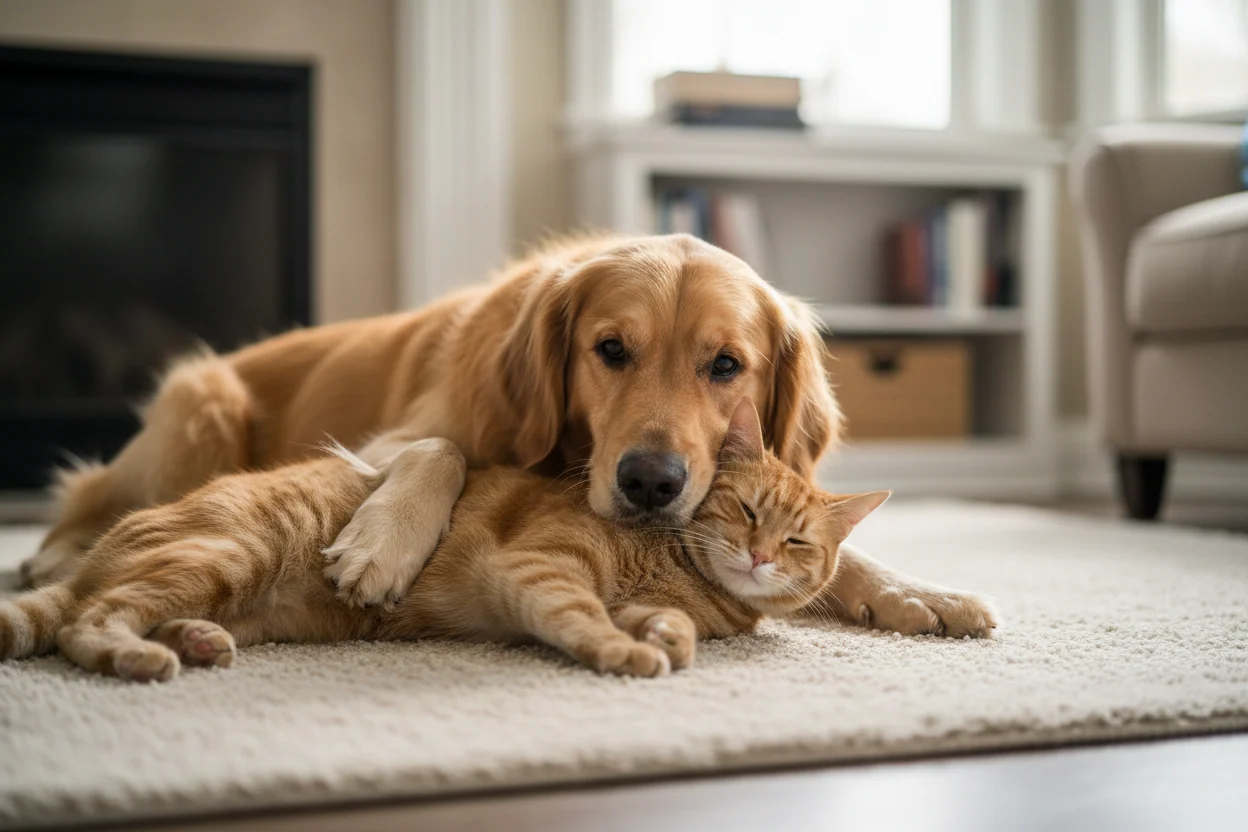 A golden retriever lying on a rug with its paw around an orange tabby cat