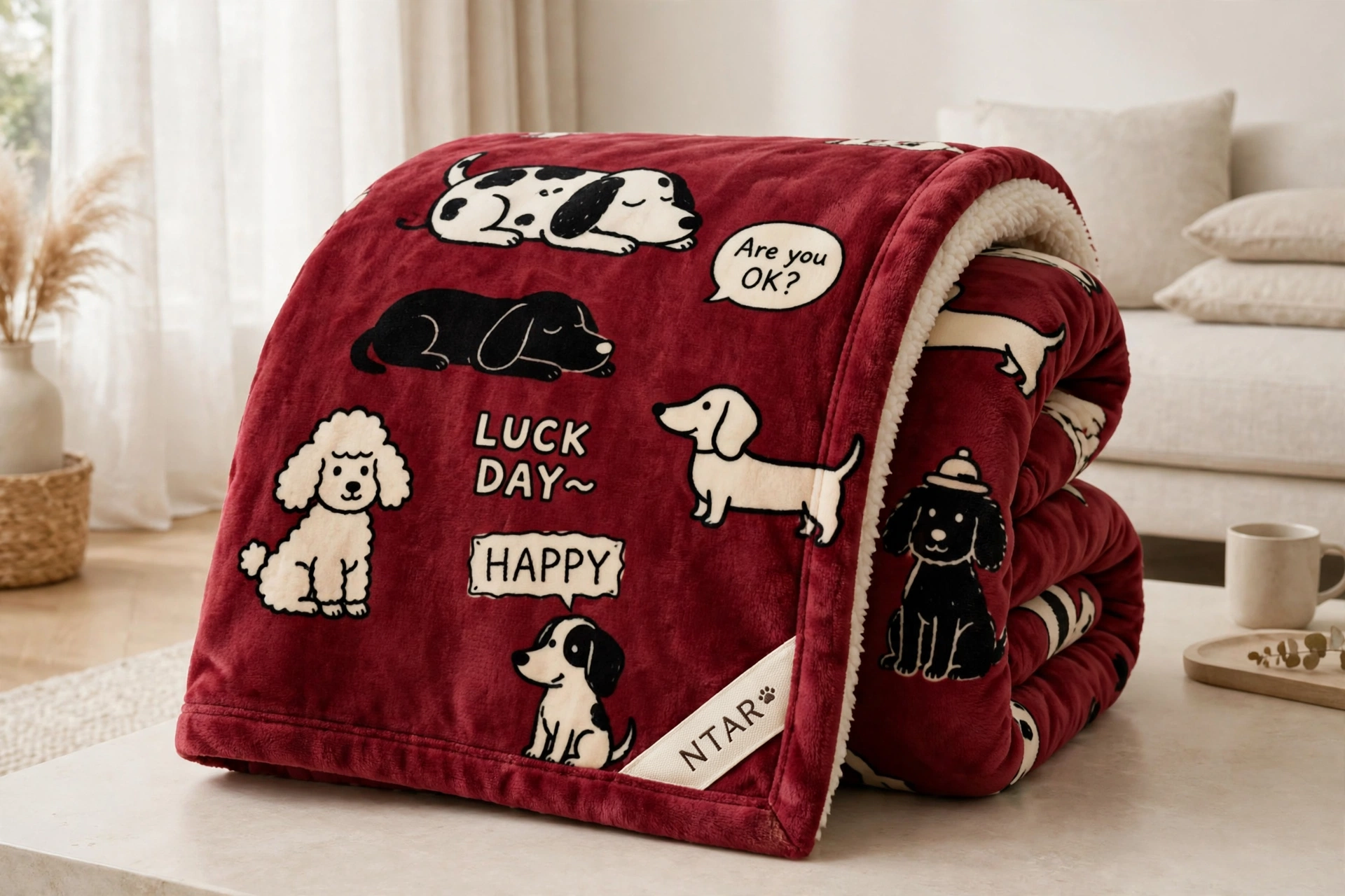 Wine-red fleece blanket with cartoon puppy prints and a woven NTAR paw label, folded on a table