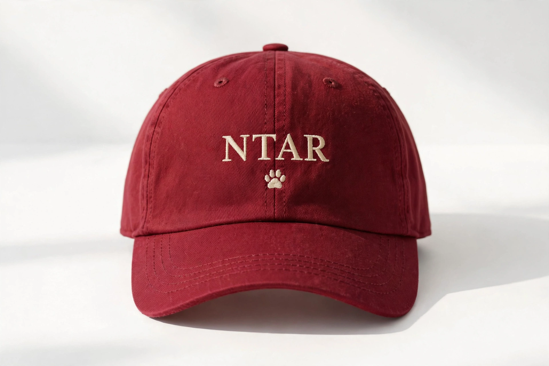 Wine-red baseball cap with the NTAR name embroidered in cream on the front and a small cream paw print beneath it