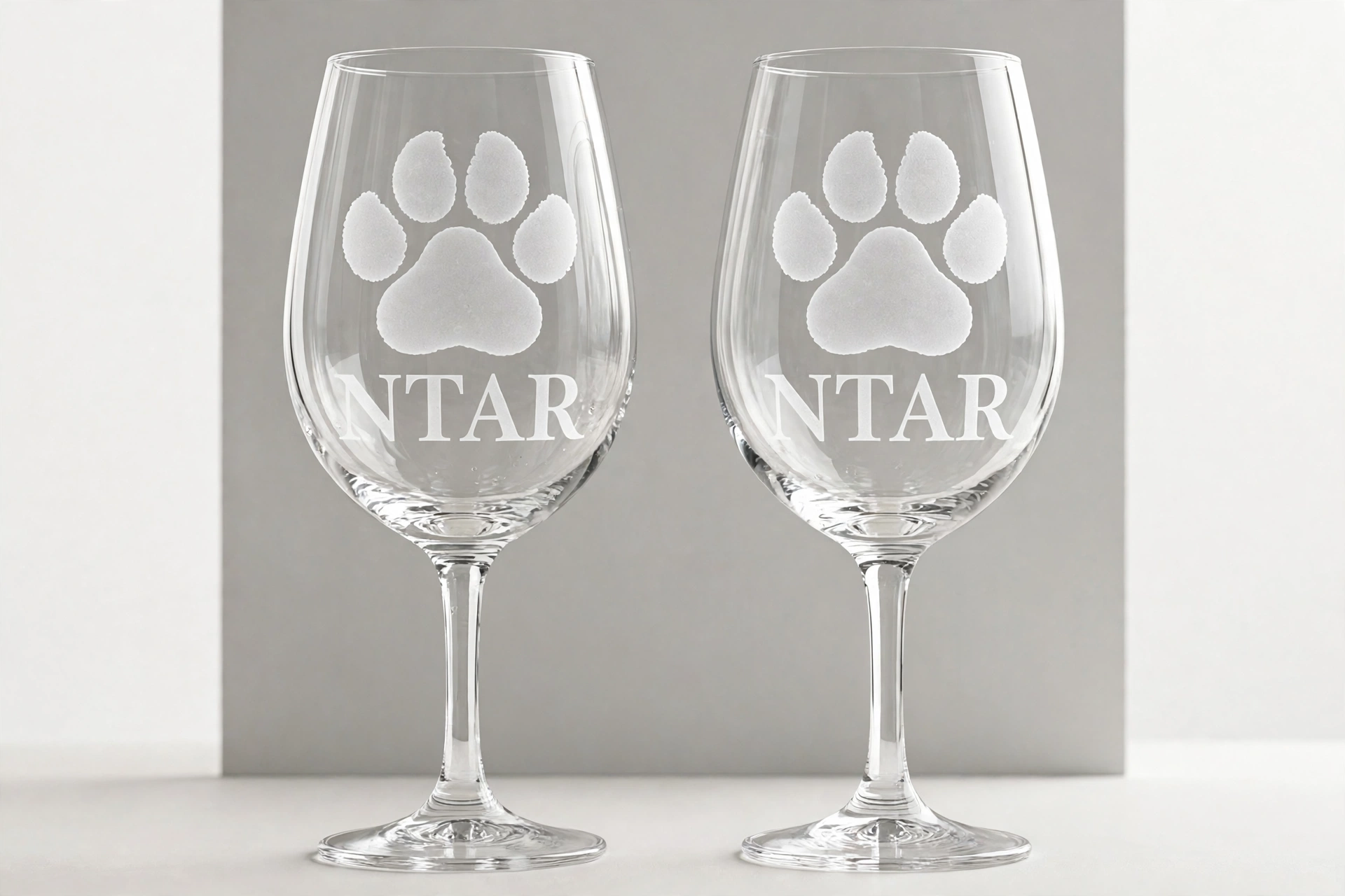 Pair of clear stemmed wine glasses, each etched with a large frosted paw print above the NTAR name