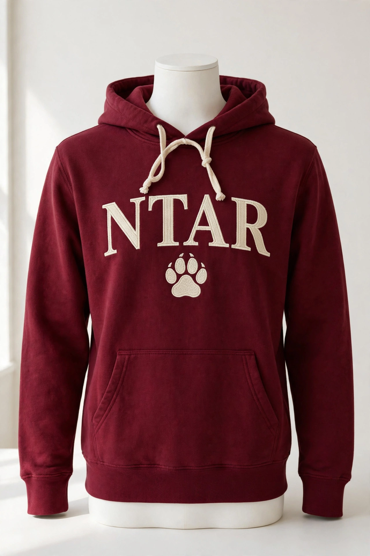 Wine-red hoodie on a display form with the NTAR name embroidered in large cream letters across the chest and a cream paw print beneath it