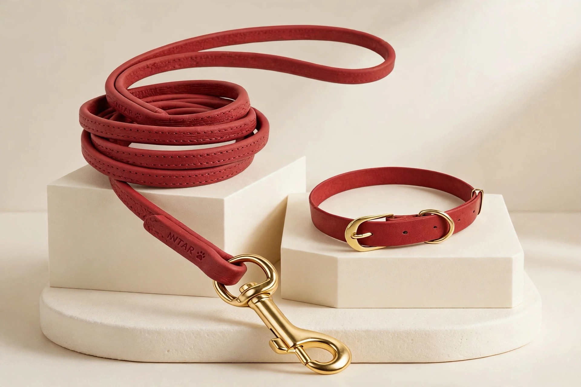 Wine-red leather-textured leash and collar set with polished gold-tone hardware on cream display blocks, NTAR and a paw debossed into the leash